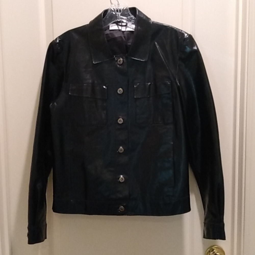 Like new, Women's Black Leather Shirt Jacket, Size 14.